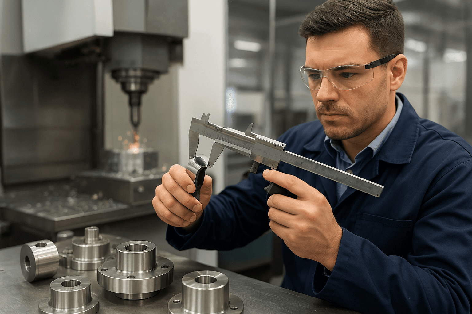 A man in safety glasses uses calipers to measure metal parts in a workshop. He appears focused and precise, with machinery in the background.