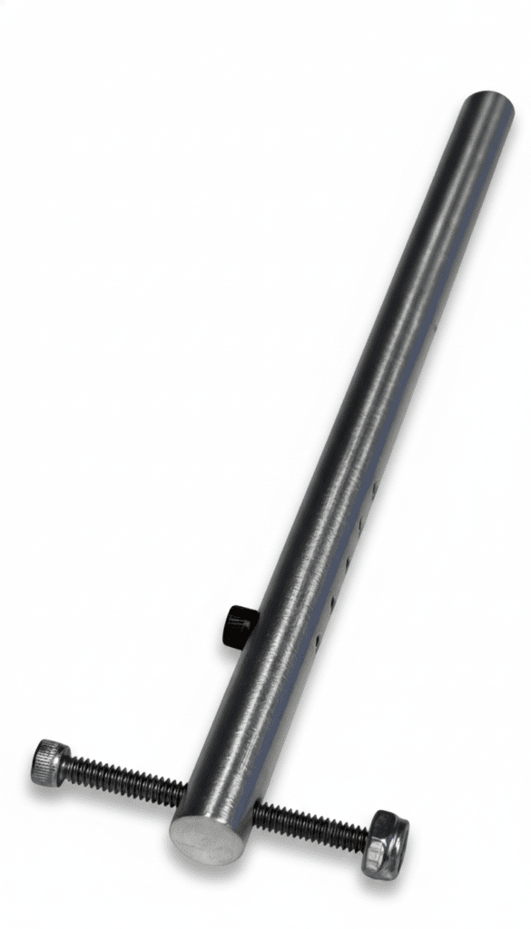 Metal alignment tool featuring a cylindrical bar with threaded bolts on each end, designed for precise positioning in construction or fabrication tasks.