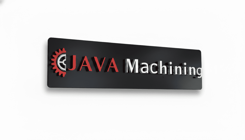 "Sign for JAVA Machining featuring bold red and silver lettering against a black background, emphasizing the company's identity and industrial focus."