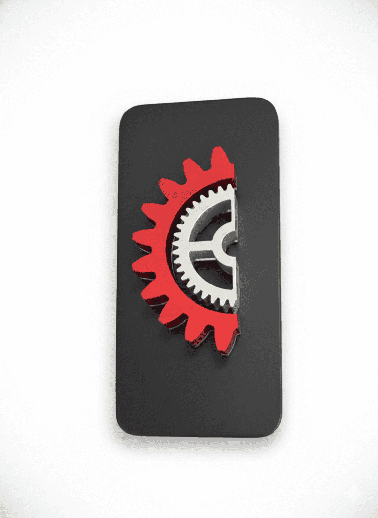 Red and silver gear design on a black background, symbolizing engineering and innovation. Relevant for technology or manufacturing content.