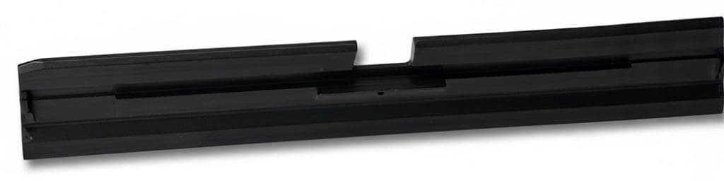 Black plastic track featuring a central groove, designed for guiding components in mechanical systems or models. Ideal for precision alignment.