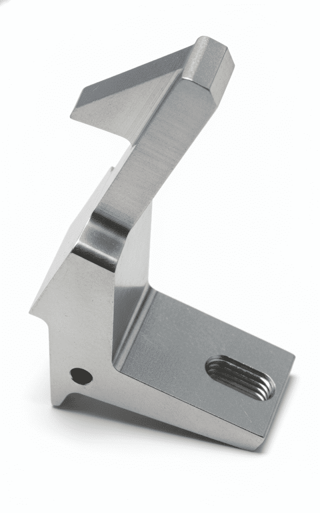 Metal bracket with a sharp angled arm, designed for mounting or support applications. Its sleek finish indicates precision engineering.