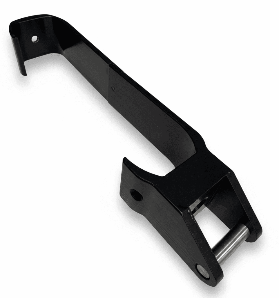 Black metal tool designed for securing or fastening components, featuring a hook shape and a roller for smooth operation.