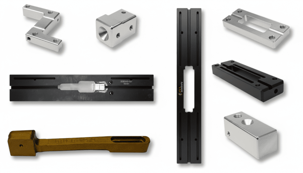 Assorted precision machined metal parts, including brackets and mounts, showcasing various shapes and finishes relevant for engineering applications.
